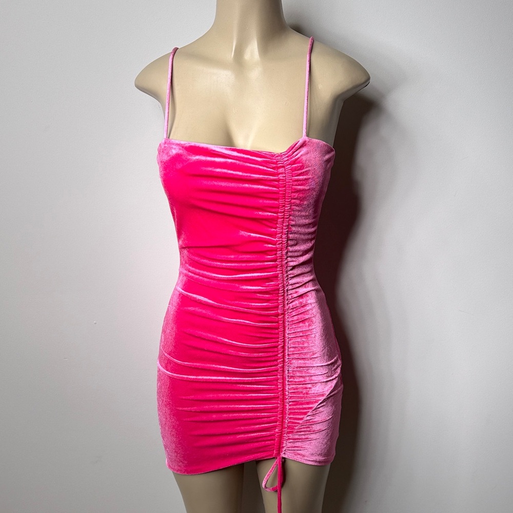 Fashion Nova Neon Pink Ruched Velvet Mini Dress
